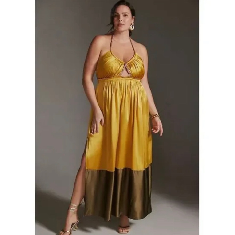 Anthropologie Silk Colorblocked Maxi Haltered Gold Dress Size: 20